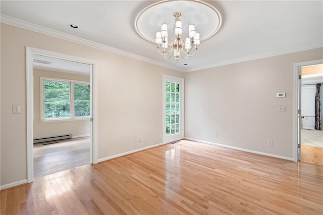 170 Mayfield Cir, Alpharetta, GA 30009 - empty room featuring a baseboard heating unit, light wood-style flooring, ornamental molding, a chandelier, and baseboards