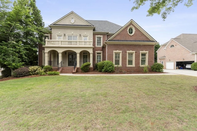 1565 Briergate Dr, Duluth, GA 30097 - view of front of home featuring a balcony, a front lawn, brick siding, and a porch