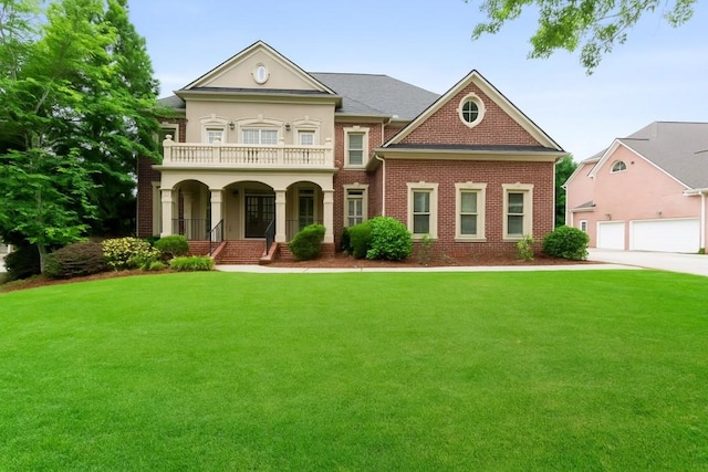 1565 Briergate Dr, Duluth, GA 30097 - view of front of property with a balcony, a porch, a front yard, brick siding, and a garage
