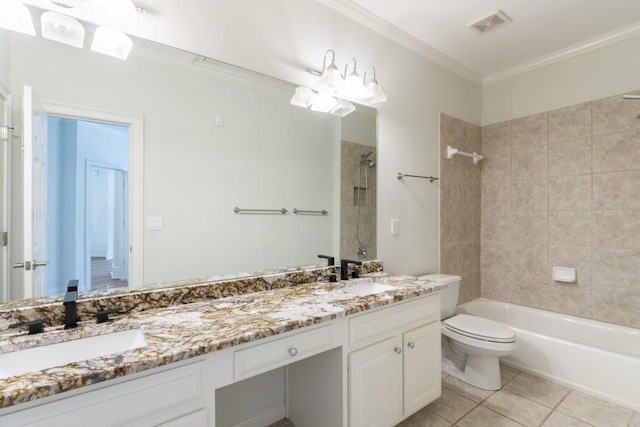 1565 Briergate Dr, Duluth, GA 30097 - bathroom featuring double vanity, bathing tub / shower combination, tile patterned flooring, and ornamental molding