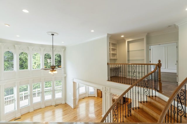 1565 Briergate Dr, Duluth, GA 30097 - staircase with a ceiling fan, wood finished floors, crown molding, and recessed lighting