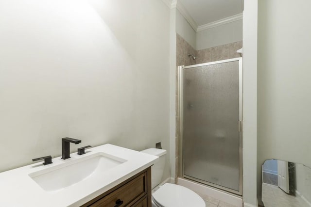 1565 Briergate Dr, Duluth, GA 30097 - bathroom with a shower stall, vanity, ornamental molding, and tile patterned floors
