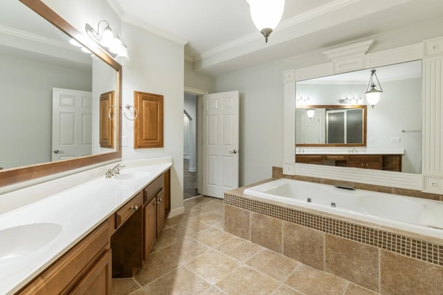 1565 Briergate Dr, Duluth, GA 30097 - full bathroom with crown molding, double vanity, a whirlpool tub, and tile patterned floors