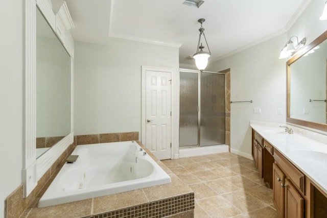 1565 Briergate Dr, Duluth, GA 30097 - bathroom with a tub with jets, double vanity, a shower stall, ornamental molding, and tile patterned flooring
