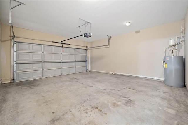 garage with a garage door opener and electric water heater