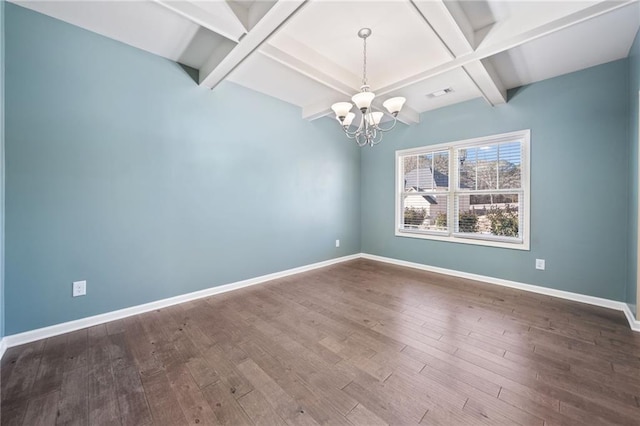 spare room featuring a chandelier, coffered ceiling, beamed ceiling, and wood-type flooring