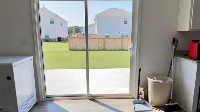 doorway to outside featuring a healthy amount of sunlight and light hardwood / wood-style flooring