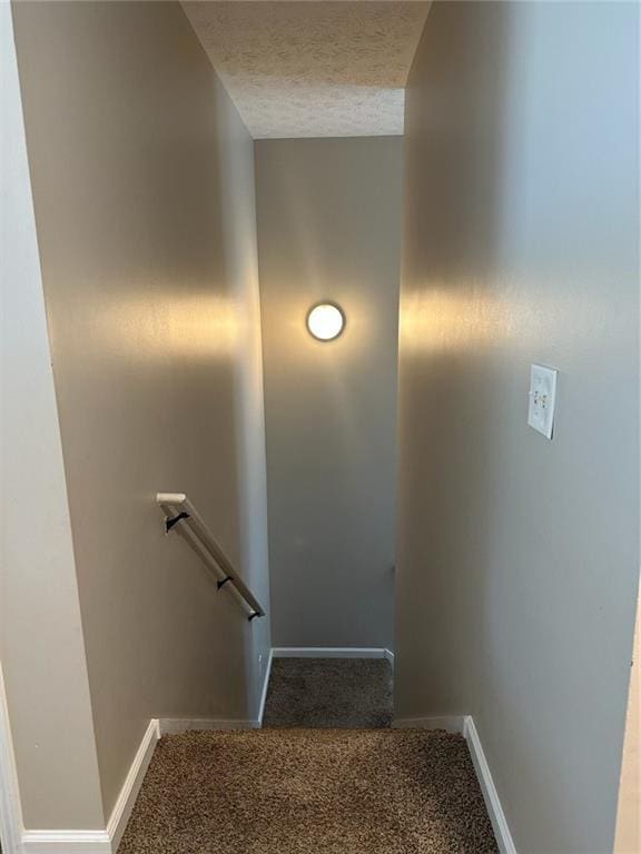 staircase featuring carpet flooring, baseboards, and a textured ceiling