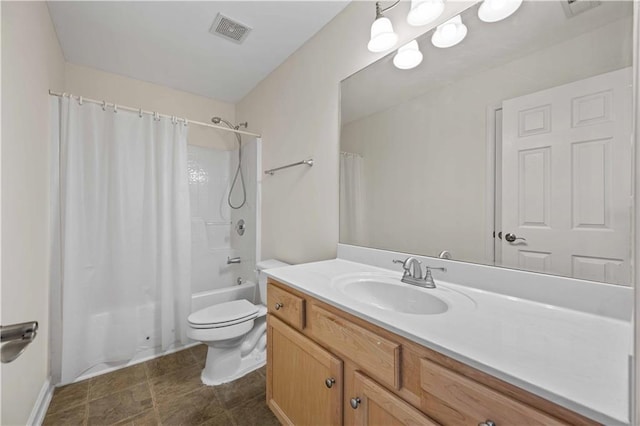 bathroom featuring toilet, shower / bath combo, vanity, and visible vents