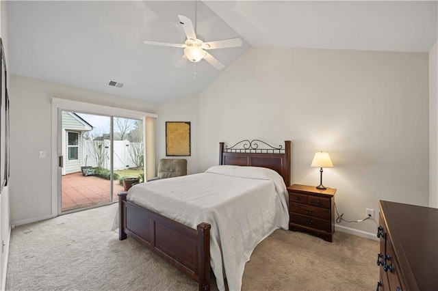 bedroom with visible vents, baseboards, vaulted ceiling, access to outside, and carpet