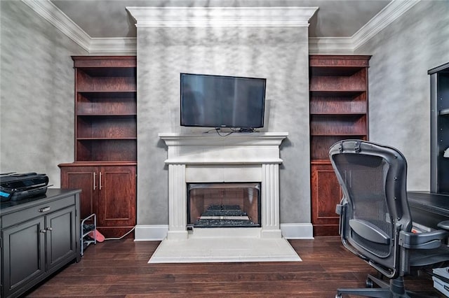 office area featuring dark wood-style floors, a fireplace, and crown molding