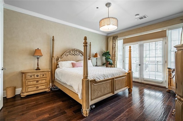 bedroom featuring visible vents, crown molding, dark wood-type flooring, and access to outside