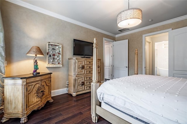 bedroom featuring dark wood finished floors, baseboards, visible vents, and ornamental molding