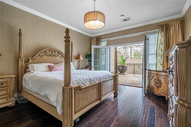 bedroom with access to exterior, dark wood-style floors, and crown molding