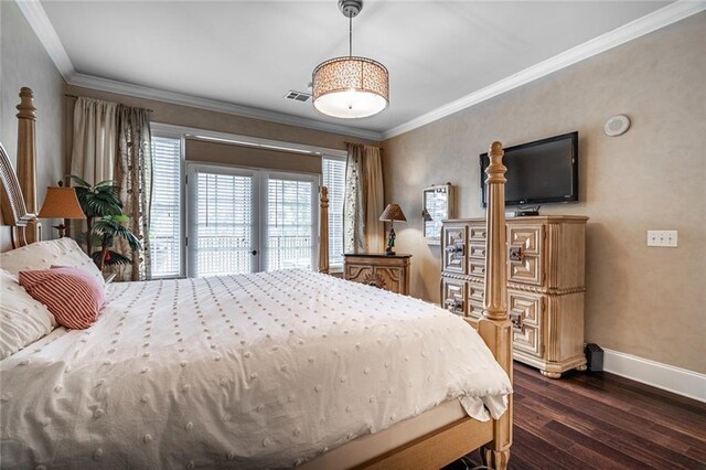 bedroom featuring access to exterior, visible vents, crown molding, dark wood-type flooring, and baseboards