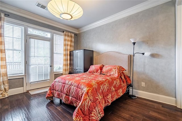 bedroom featuring baseboards, crown molding, wood-type flooring, and access to outside