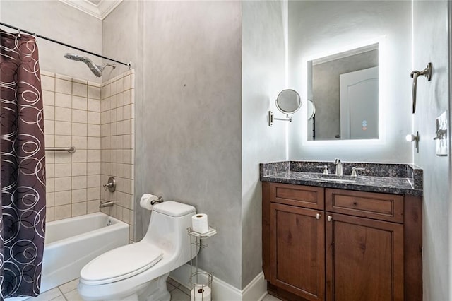 bathroom featuring vanity, baseboards, shower / tub combo, tile patterned floors, and toilet