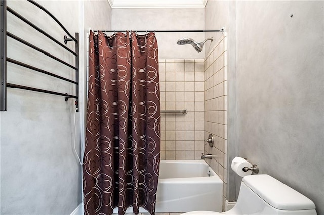 full bathroom with shower / bathtub combination with curtain and toilet