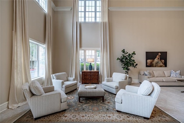 living room featuring baseboards, ornamental molding, and a towering ceiling