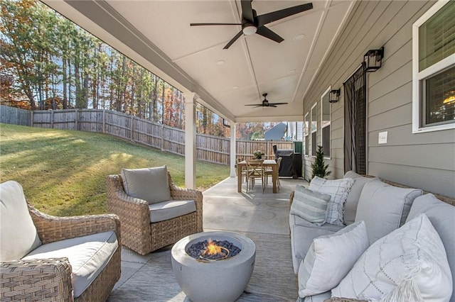 127 Ridgewood Way, Dallas, GA 30132 - view of patio / terrace featuring an outdoor living space with a fire pit, outdoor dining space, and a ceiling fan
