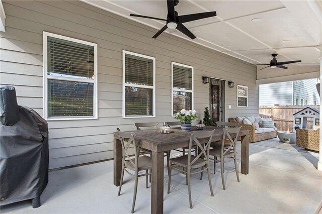 127 Ridgewood Way, Dallas, GA 30132 - view of patio with ceiling fan, outdoor dining space, an outdoor living space, and area for grilling