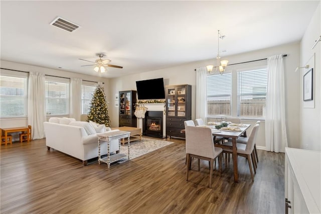 living room with dark hardwood / wood-style flooring, ceiling fan with notable chandelier, and a healthy amount of sunlight