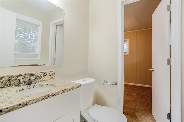3743 Turner Heights Dr, Decatur, GA 30032 - bathroom featuring vanity, toilet, and wood walls