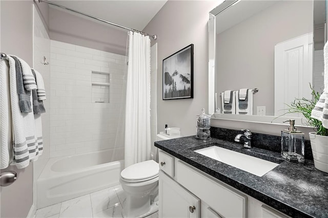 full bathroom featuring toilet, vanity, and shower / tub combo with curtain