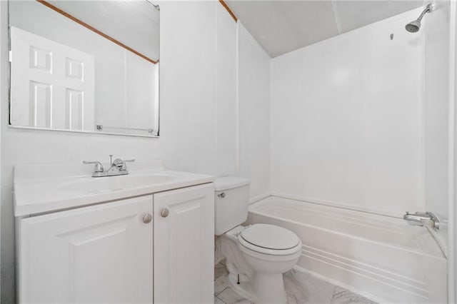 bathroom with toilet, marble finish floor, bathing tub / shower combination, and vanity