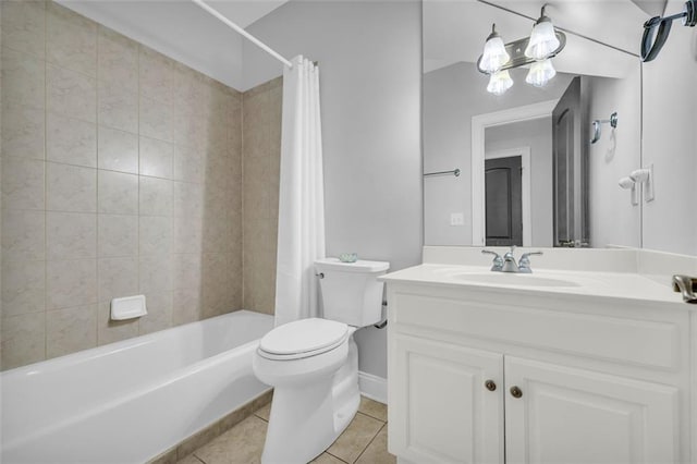 bathroom featuring vanity, tile patterned flooring, toilet, and shower / tub combo with curtain