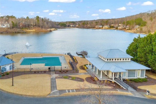 aerial view featuring a water view