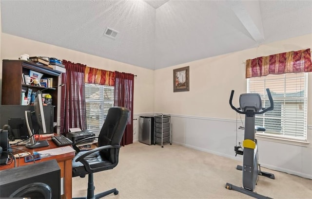 carpeted office space featuring vaulted ceiling and a textured ceiling