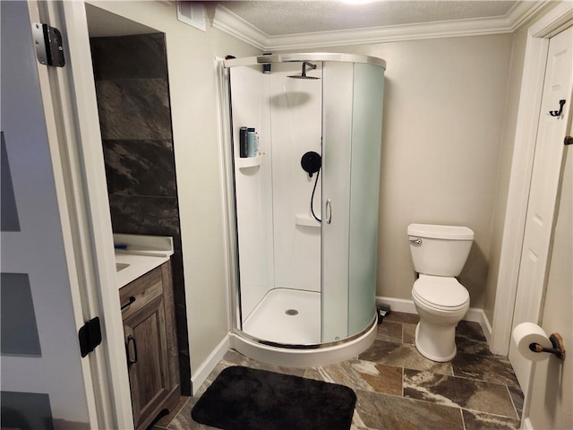 bathroom with toilet, a shower with door, vanity, and ornamental molding