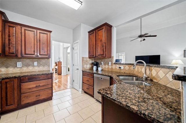 kitchen featuring a sink, dark stone counters, decorative backsplash, and stainless steel dishwasher