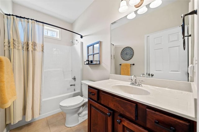 bathroom featuring tile patterned flooring, toilet, vanity, and shower / bath combo with shower curtain