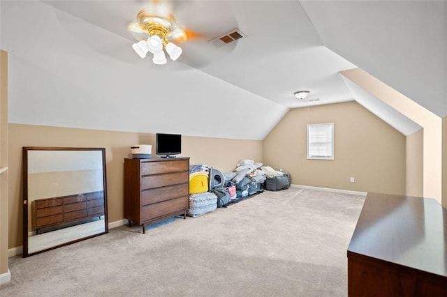 bonus room with visible vents, carpet floors, a ceiling fan, and vaulted ceiling