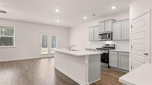 kitchen featuring gray cabinetry, sink, an island with sink, appliances with stainless steel finishes, and tasteful backsplash