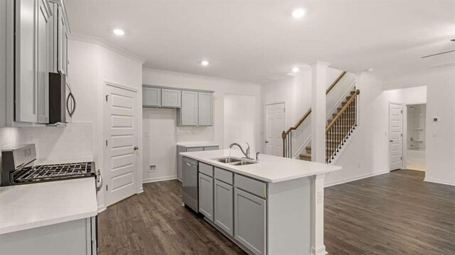 kitchen featuring backsplash, sink, dark hardwood / wood-style floors, an island with sink, and appliances with stainless steel finishes