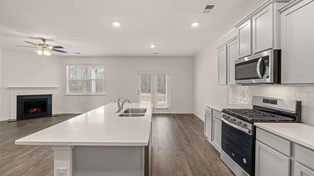 kitchen featuring appliances with stainless steel finishes, tasteful backsplash, sink, dark hardwood / wood-style floors, and an island with sink