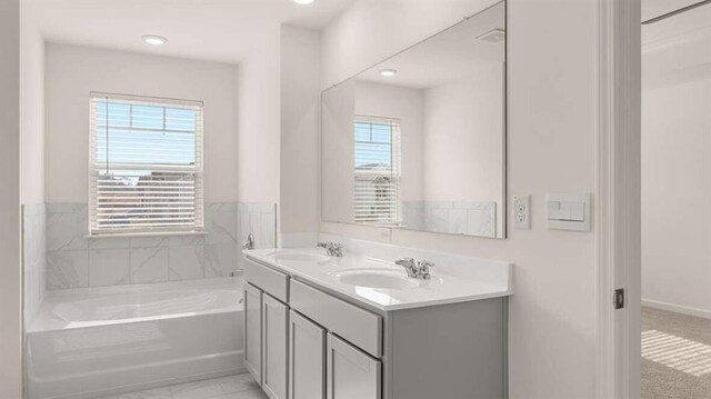 bathroom featuring a bathtub, a healthy amount of sunlight, and vanity