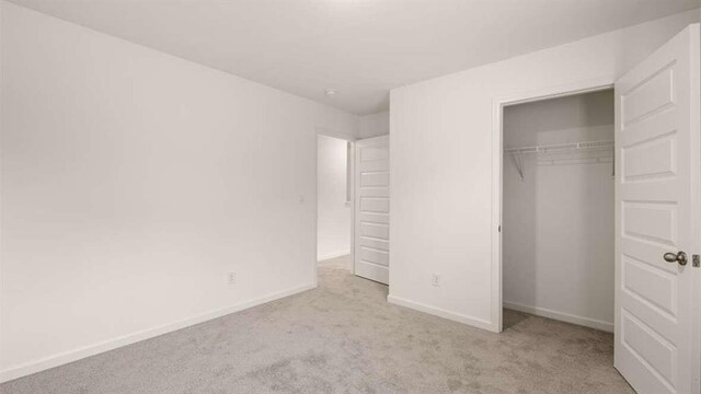 unfurnished bedroom featuring light colored carpet and a closet