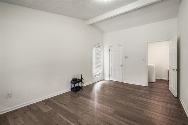 unfurnished room featuring lofted ceiling with beams and dark hardwood / wood-style flooring