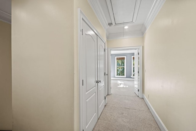 corridor featuring light colored carpet and ornamental molding