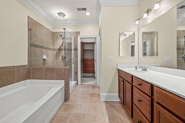 bathroom with crown molding, tile patterned flooring, vanity, and independent shower and bath