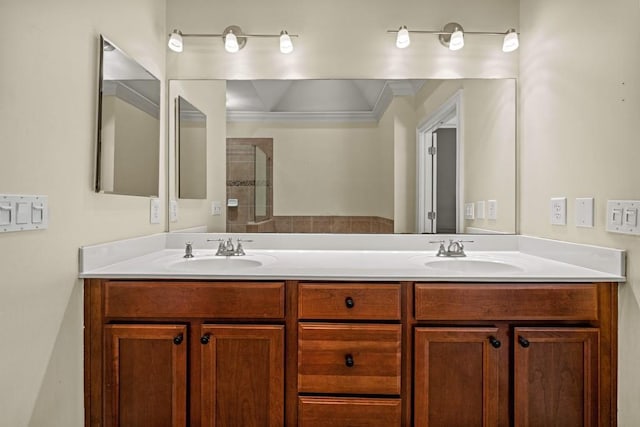 bathroom with a shower, vanity, and ornamental molding