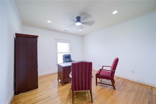 334 Glenn Abby Ln, Pendergrass, GA 30567 - office area featuring ceiling fan, ornamental molding, light wood-type flooring, baseboards, and recessed lighting