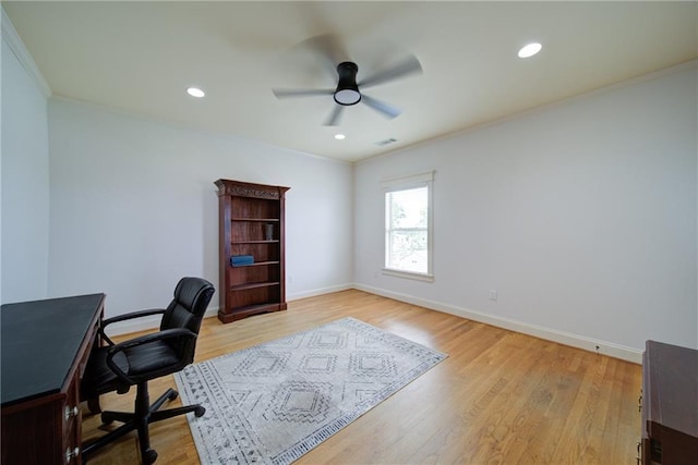 334 Glenn Abby Ln, Pendergrass, GA 30567 - office featuring a ceiling fan, ornamental molding, light wood-style flooring, baseboards, and recessed lighting