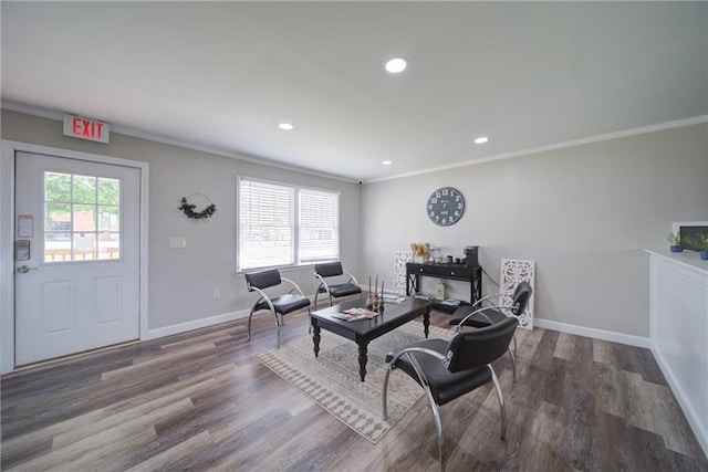 334 Glenn Abby Ln, Pendergrass, GA 30567 - living area featuring ornamental molding, wood finished floors, baseboards, and recessed lighting