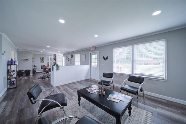 334 Glenn Abby Ln, Pendergrass, GA 30567 - living room featuring crown molding, recessed lighting, wood finished floors, and baseboards