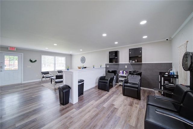 334 Glenn Abby Ln, Pendergrass, GA 30567 - living room with ornamental molding, recessed lighting, light wood-type flooring, and baseboards